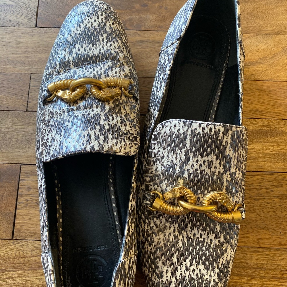 Tory Burch horse bit snakeskin loafer